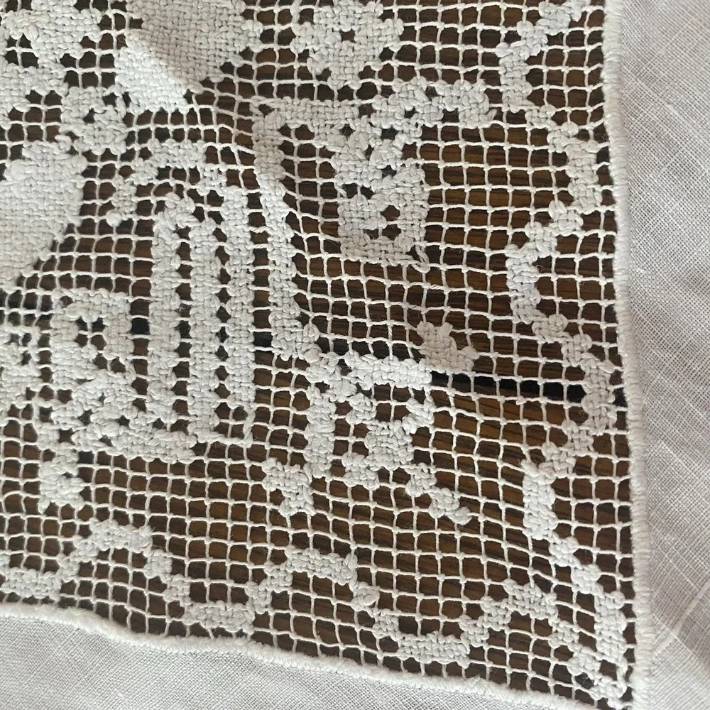 Vintage Linen Crocheted Tablecloth Embroidered White Square 46x46
